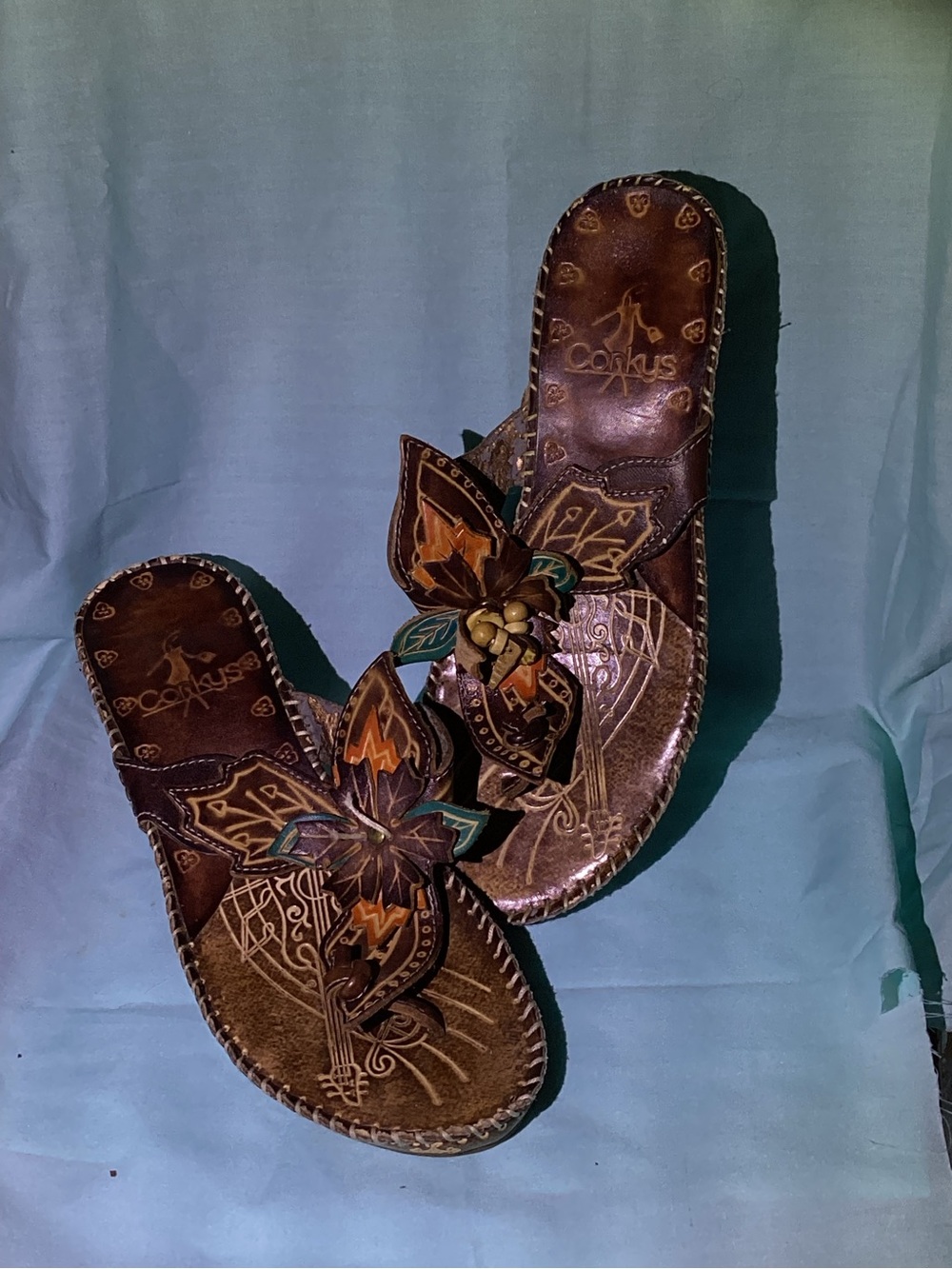 Corkys Brown Leather Floral Appliqué Slide Sandals